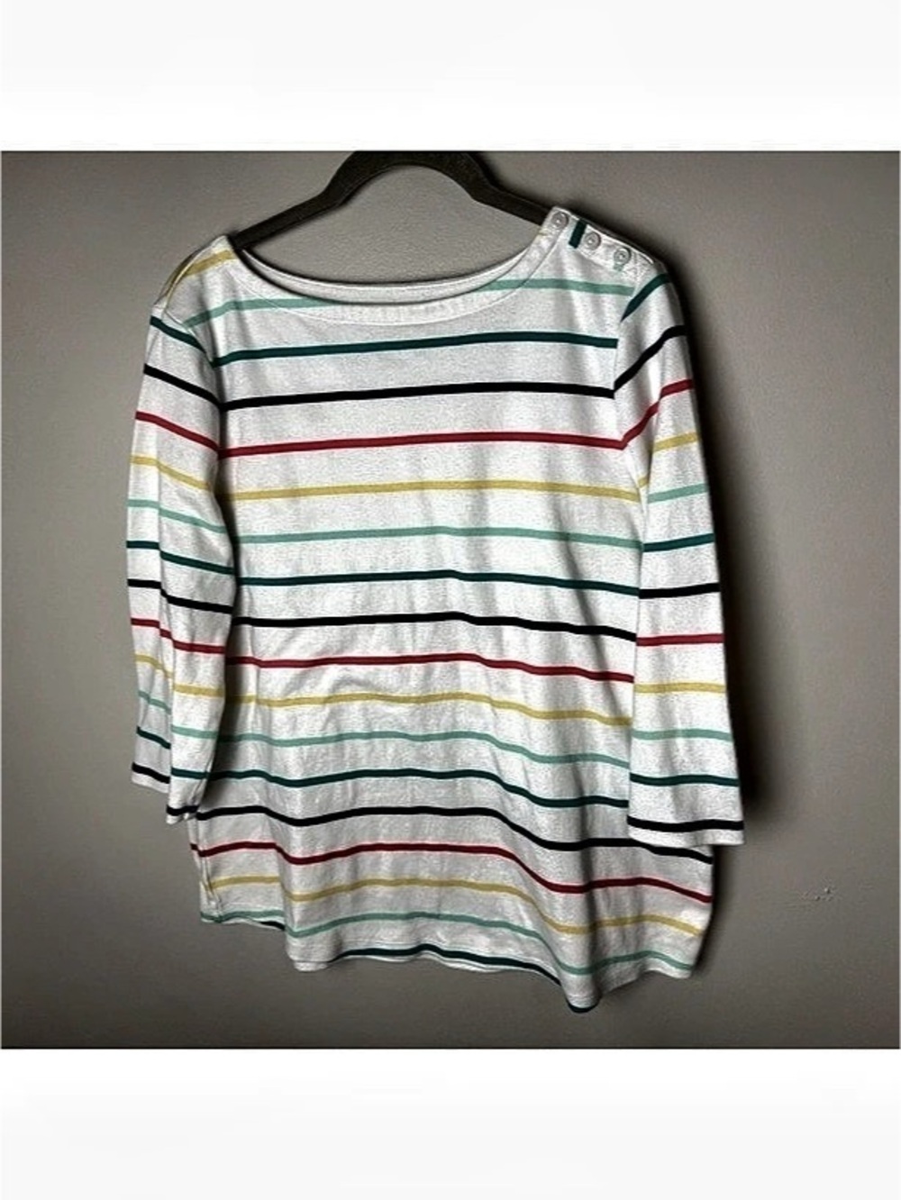 Charter Club Pima Cotton Top Size Large Striped 3/4 Sleeves Button Shoulder